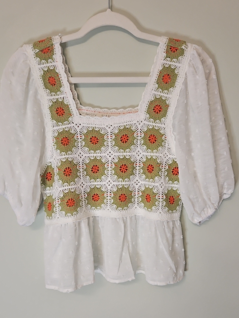 ILLA ILLA White Blouse with Olive & Orange Crochet Front Panel